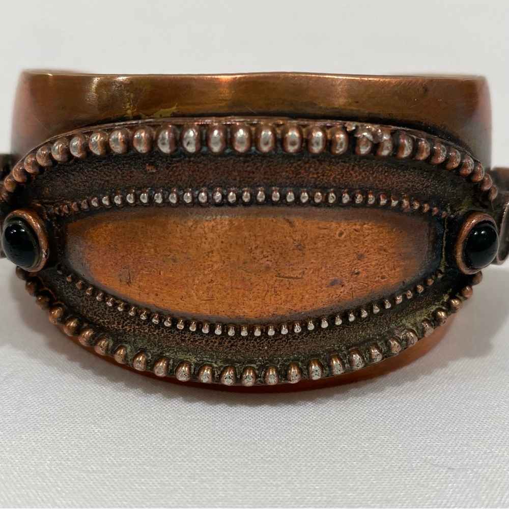 Vintage Southwestern Copper + Sterling Siver Cuff Bracelet w Black Onyx Stones